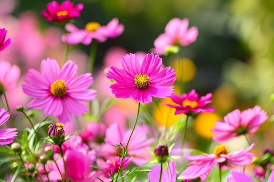 Vibrant pink cosmos flowers blooming in a sunlit garden.