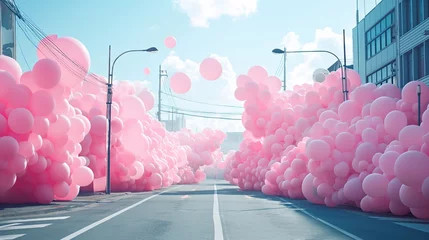 Foto op Aluminium A large mass of pink balloons on the street of the city © cherezoff
