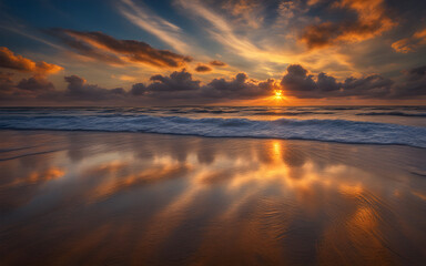 Vibrant sunset with clouds reflected on the wet sand during low tide