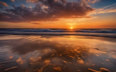 Printed roller blinds Reflection Vibrant sunset with clouds reflected on the wet sand during low tide
