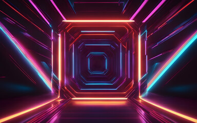 Abstract neon light geometric background. Glowing neon lines. Empty futuristic stage laser. Colorful rectangular laser lines. Square tunnel