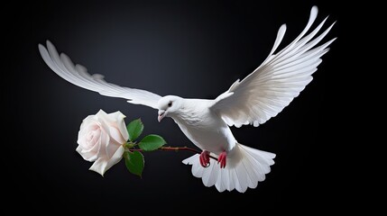 Free-flying white pigeon with a rose in its beak on a clean white background, symbolizing love, peace, and freedom