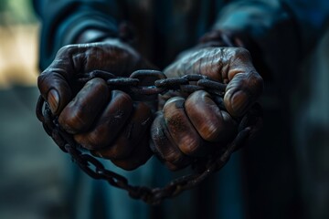 Man's Shackled Hands, Representing Suppression and Imprisonment - obrazy, fototapety, plakaty