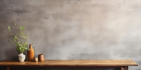 Vintage display on grunge cement wall, wooden table, empty.