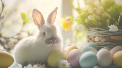 Naklejka na ściany i meble Bunny With Easter Eggs and flowers