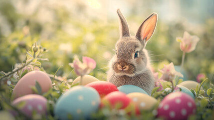 Fototapeta na wymiar Bunny With Easter Eggs and flowers