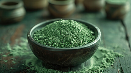 the matcha powder on green leaf of a plant, in the style of allover composition