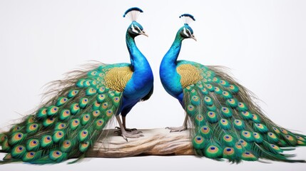 Feathered Duo: Two peacocks with vibrant feathers, isolated on a clean white background,