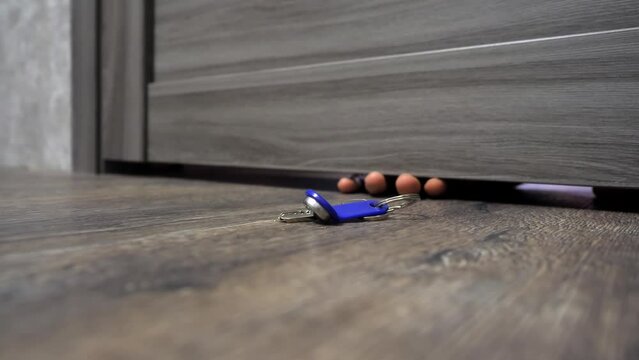 Man pulls out keys through the crack under the door. Person trying to get keys that have fallen under door in order to open the door and get into house or room. Looking for lost keys to door lock.