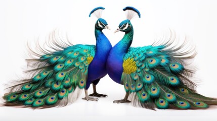 Feathered Duo: Two peacocks with vibrant feathers, isolated on a clean white background,
