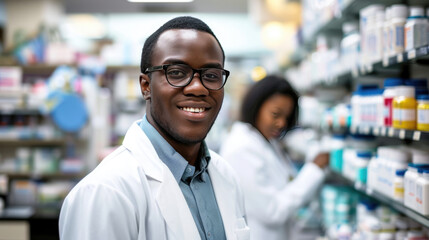 Male pharmacist is smiling at the camera with a pharmacy shelf in the background, and a colleague is slightly out of focus behind him.
