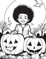 simple black & white coloing book featuring a cute adorale black afro american very young boy cild with his loveable friend jackolantern