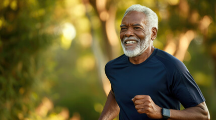Naklejka na ściany i meble Joyful elderly African American man running outdoors, with the sun shining through the greenery in the background.