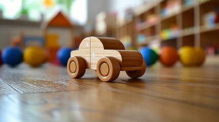 A wooden toy car to play in kindergarten