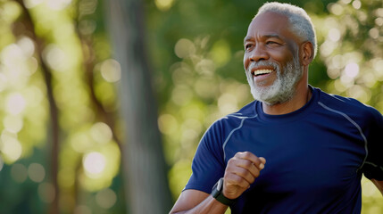 Obraz premium Joyful elderly African American man running outdoors, with the sun shining through the greenery in the background.