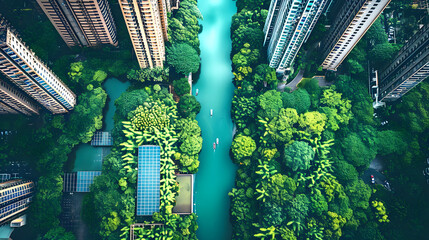 Aerial view of a city integrated into nature - obrazy, fototapety, plakaty