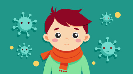 Illustration of sick child surrounded by viruses emphasizing health concerns