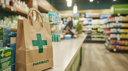 Foto op Plexiglas Close-up of a brown paper pharmacy bag with a green cross and the word "PHARMACY" on it, with a blurred background of pharmacy shelves stocked with products. © MP Studio