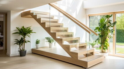 A sleek, straight light oak staircase with glass sides, bridging the floors in a bright, minimalist interior.