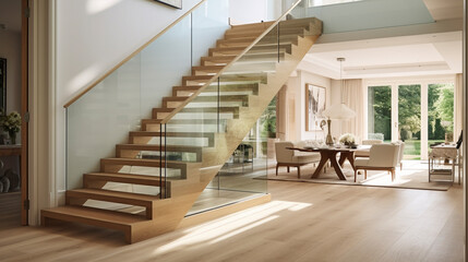 A sleek, straight light oak staircase with glass sides, bridging the floors in a bright, minimalist interior.
