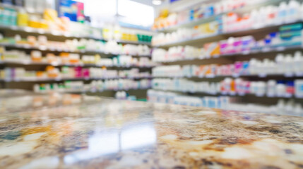 Blurred image of the interior of a store, likely a pharmacy or supermarket, with products on shelves and a bright, illuminated ceiling.
