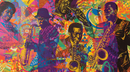 A vibrant mural depicting prominent figures in Black history, including civil rights leaders, musicians, and artists, against a backdrop of colorful patterns and symbols celebratin