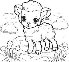 Little cute sheep on the field coloring page