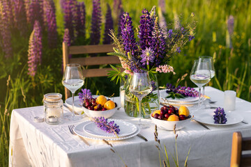 Beautiful countryside wedding of romantic dinner decor on a blooming meadow with purple violet lupins flowers. Vase, wineglasses, cherry and apricot. Wooden table, basket. Sunset, golden hour, summer