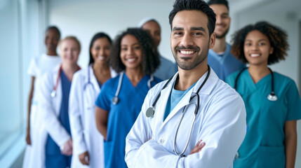 diverse group of smiling healthcare professionals, including doctors and nurses