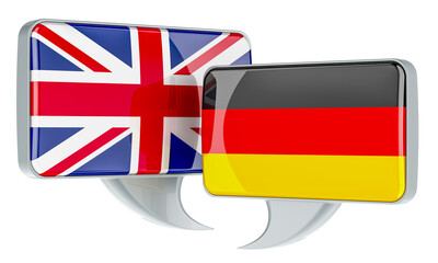 Speech balloons with British and German flags. English-German conversation concept, 3D rendering isolated on transparent background