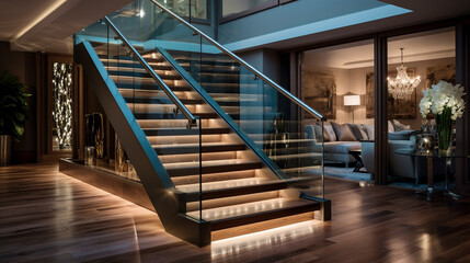 A sophisticated wooden staircase with clear glass balustrades, discreet LED strips under the handrails enhancing the luxury of a contemporary interior. - obrazy, fototapety, plakaty