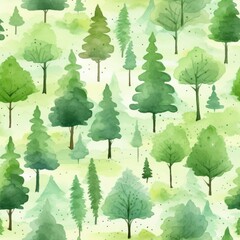 Watercolor Painting of Trees on a Green Background
