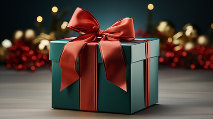 Green gift box with a red ribbon, concept of Christmas holidays