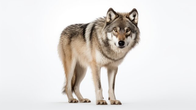 Majestic gray wolf isolated on a pristine white background, capturing the untamed beauty and predatory gaze of this solitary creature, ideal for conveying the essence of wildlife solitude
