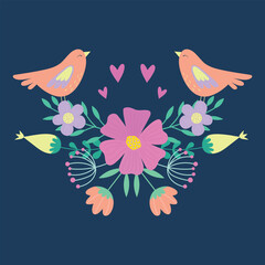Birds and flowers. Two love birds. Vector illustration.