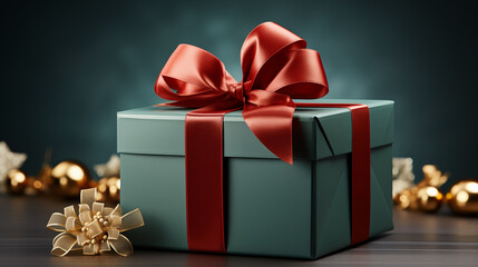 Green gift box with a red ribbon, concept of Christmas holidays