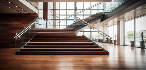 A spacious staircase with wide wooden steps and a sleek, stainless steel handrail, in a modern office building.