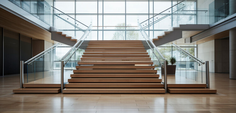 A spacious staircase with wide wooden steps and a sleek, stainless steel handrail, in a modern office building.