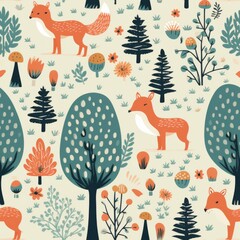 Pattern of Foxes and Trees on a White Background