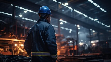 Rear view of a worker in a factory. Industrial background.