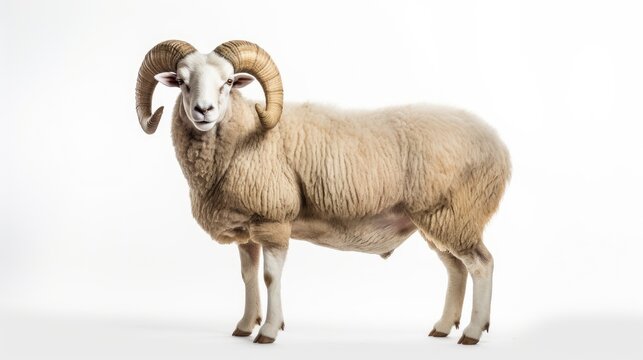 White ram isolated on a clean white background, showcasing the elegance of its horns and woolly coat, perfect for conveying the rural charm and agricultural beauty of farm life.