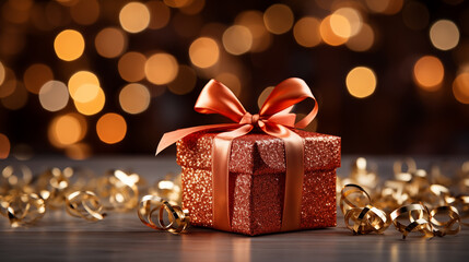 Gift box with gold and red ribbon, concept of Christmas holidays