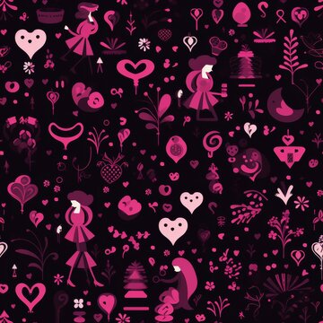 Pink and Black Background With Hearts and Flowers