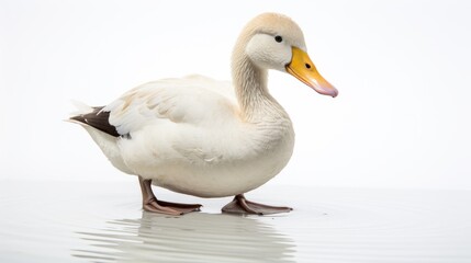 Naklejka na ściany i meble Duck on a serene white background, capturing the elegance of its webbed feet and water-loving nature, ideal for conveying the charm of this feathered companion in a peaceful setting
