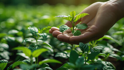 an adult hand holding a plant in a plant farm, in the style of light emerald