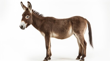 Isolated donkey on a clean white background, capturing the adorable face and friendly demeanor of this farmyard friend, perfect for conveying the charm of rural life with a domesticated creature