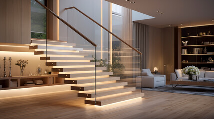 A stylish light birch staircase with frameless glass balustrades, LED lighting beneath the handrails creating a cozy ambiance in a fashionable home. - obrazy, fototapety, plakaty