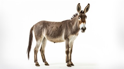 Isolated donkey on a clean white background, capturing the adorable face and friendly demeanor of this farmyard friend, perfect for conveying the charm of rural life with a domesticated creature