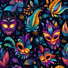 Fototapeta na wymiar Colorful Masks and Leaves Pattern on Black Background