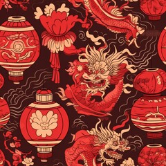 Fototapeta na wymiar Red and Black Oriental Decorations on Background